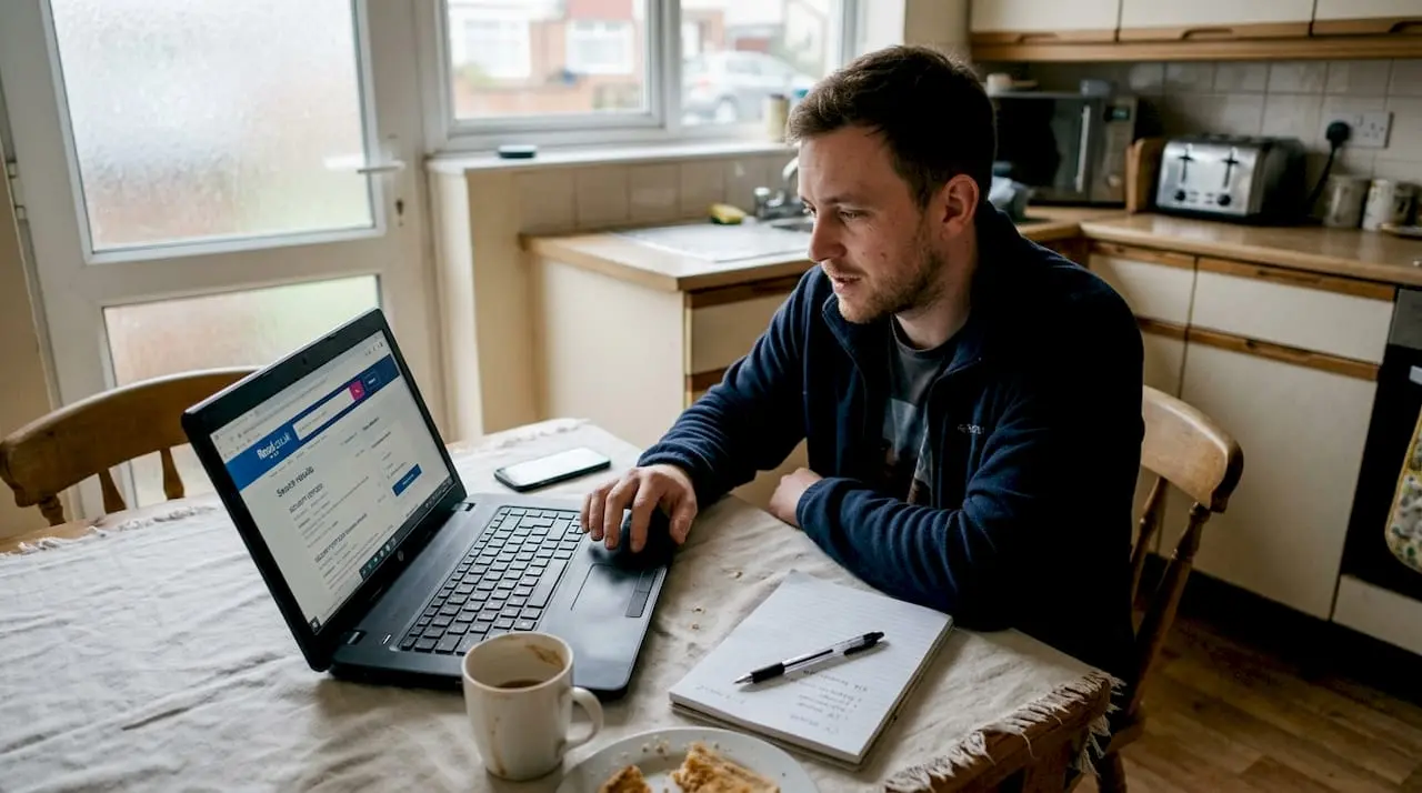 Man searching security jobs on laptop at kitchen table