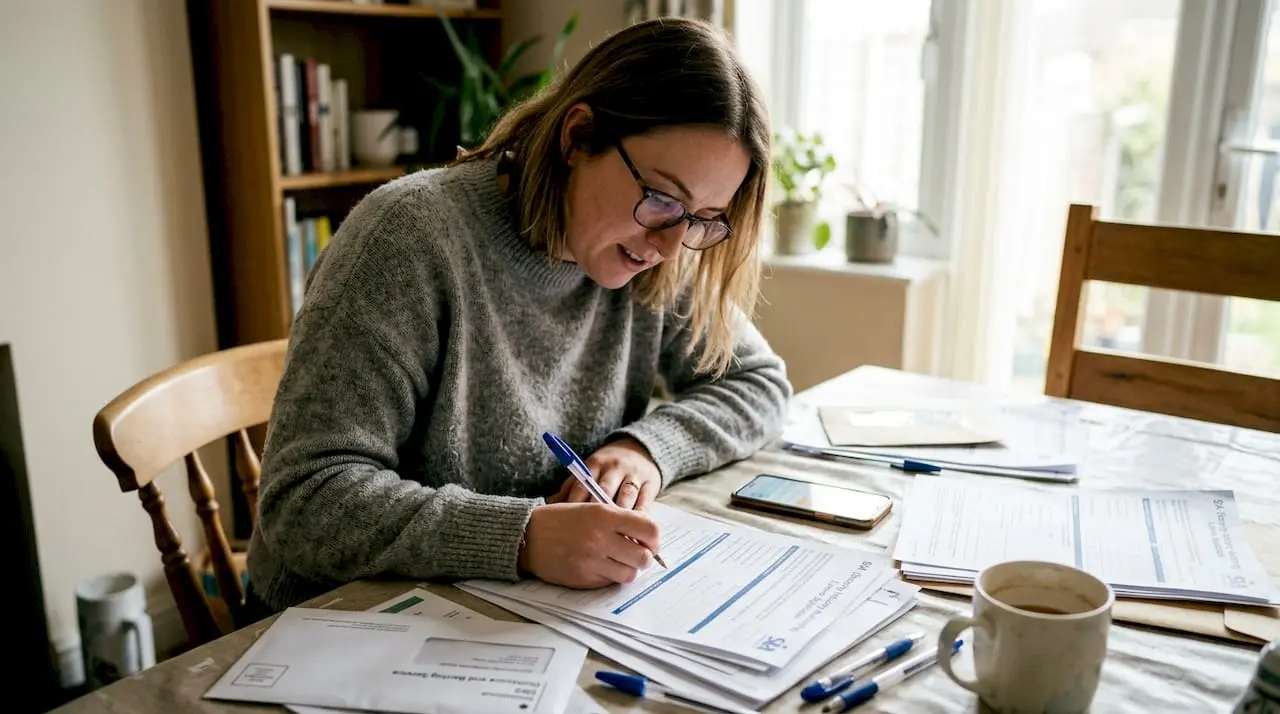 Woman reviewing SIA licence paperwork at table