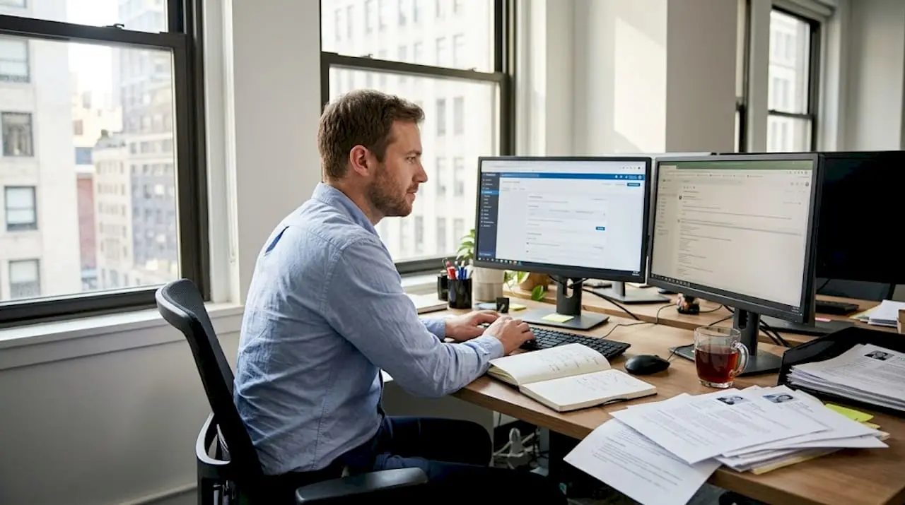 Security recruiter at desk posting jobs online