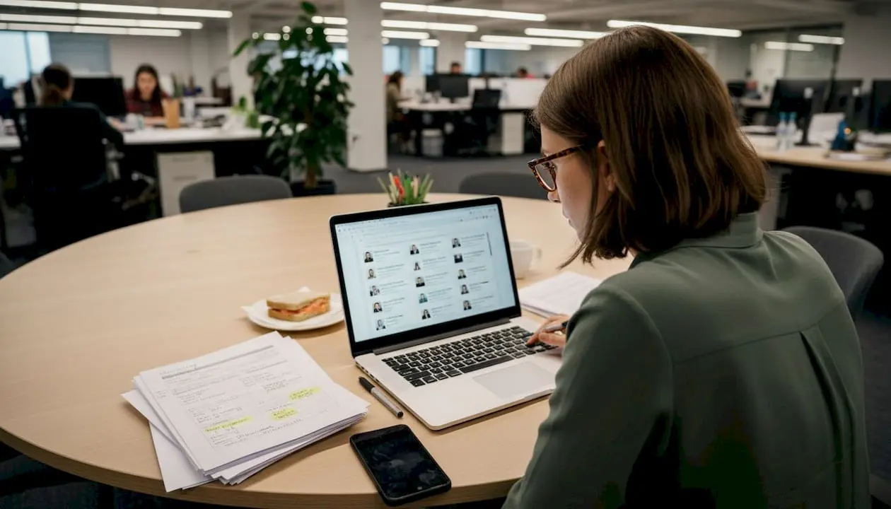 Recruiter cross-checking candidate profiles in office