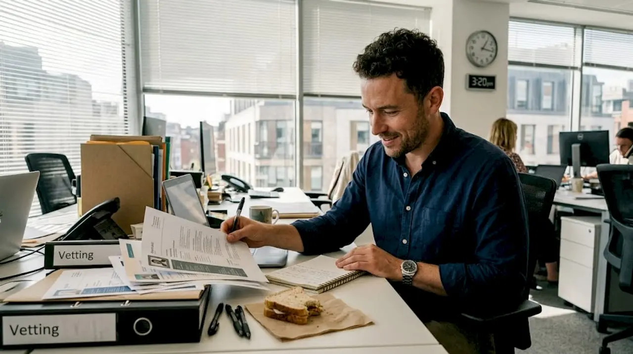 Recruiter reviews CVs in busy office