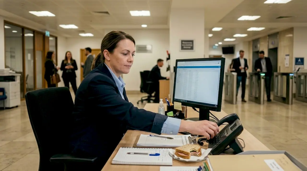 Static guard verifying access at office desk