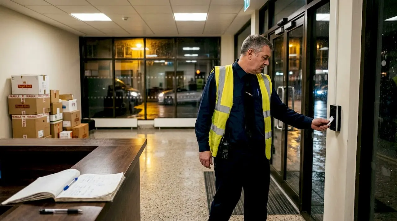 Security guard patrolling office lobby at night