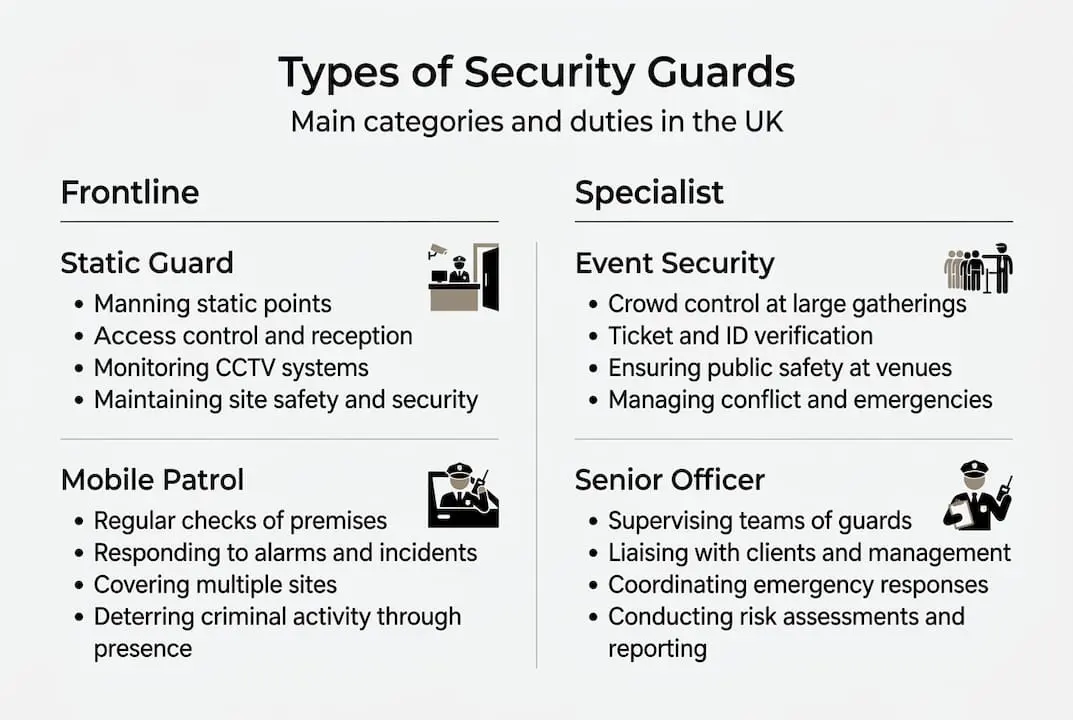 Infographic showing security guard categories and duties