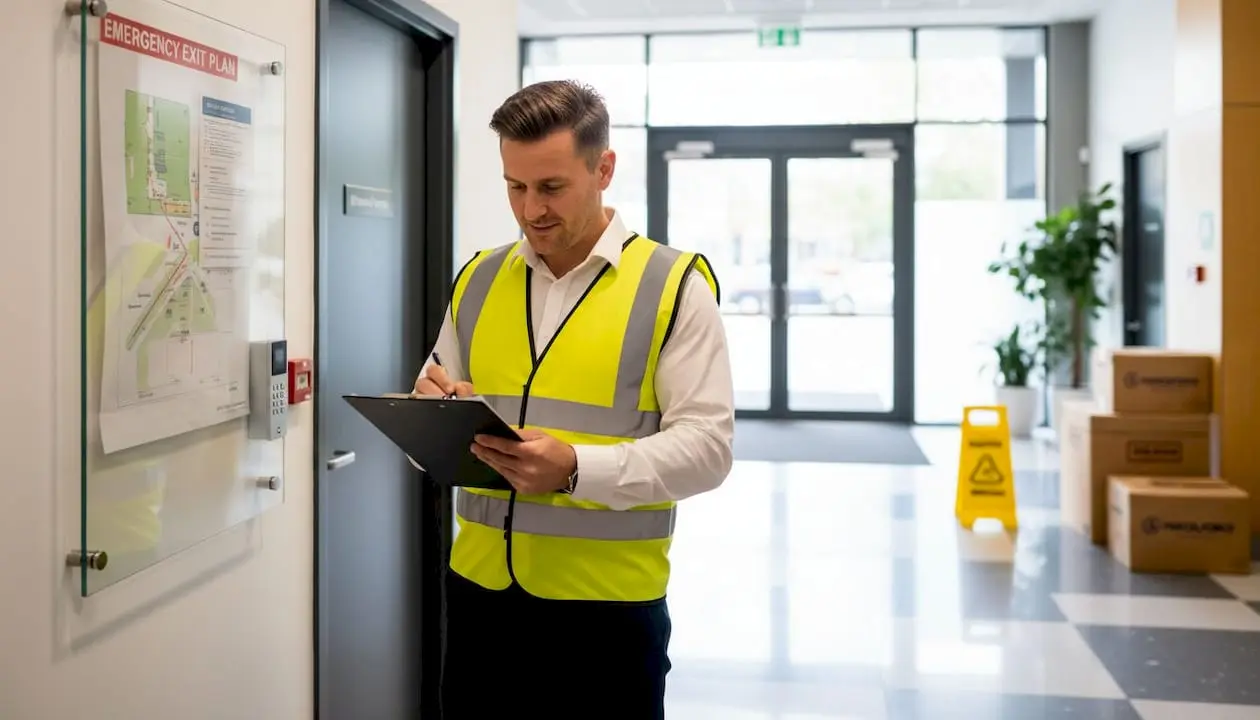 Security officer checking clipboard in office lobby