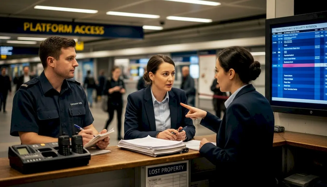 Security supervisor briefing team at station desk
