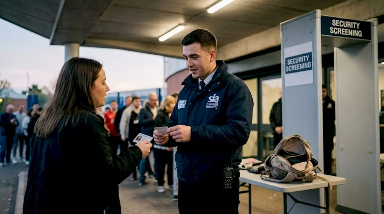 Security officer checking attendee ID at arena