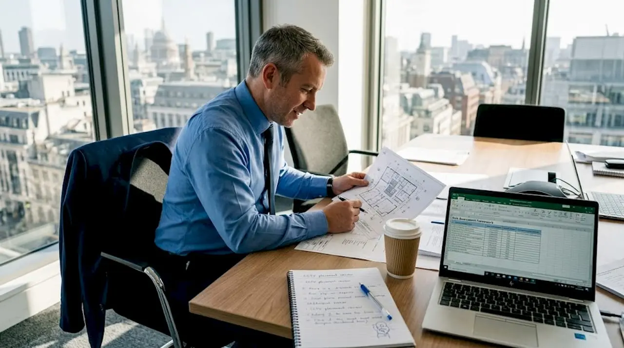 Security consultant reviewing site diagram in UK office