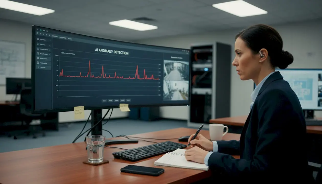 Security specialist reviews AI monitoring CCTV feeds