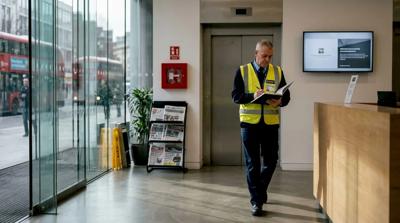Security officer checking logbook in UK office