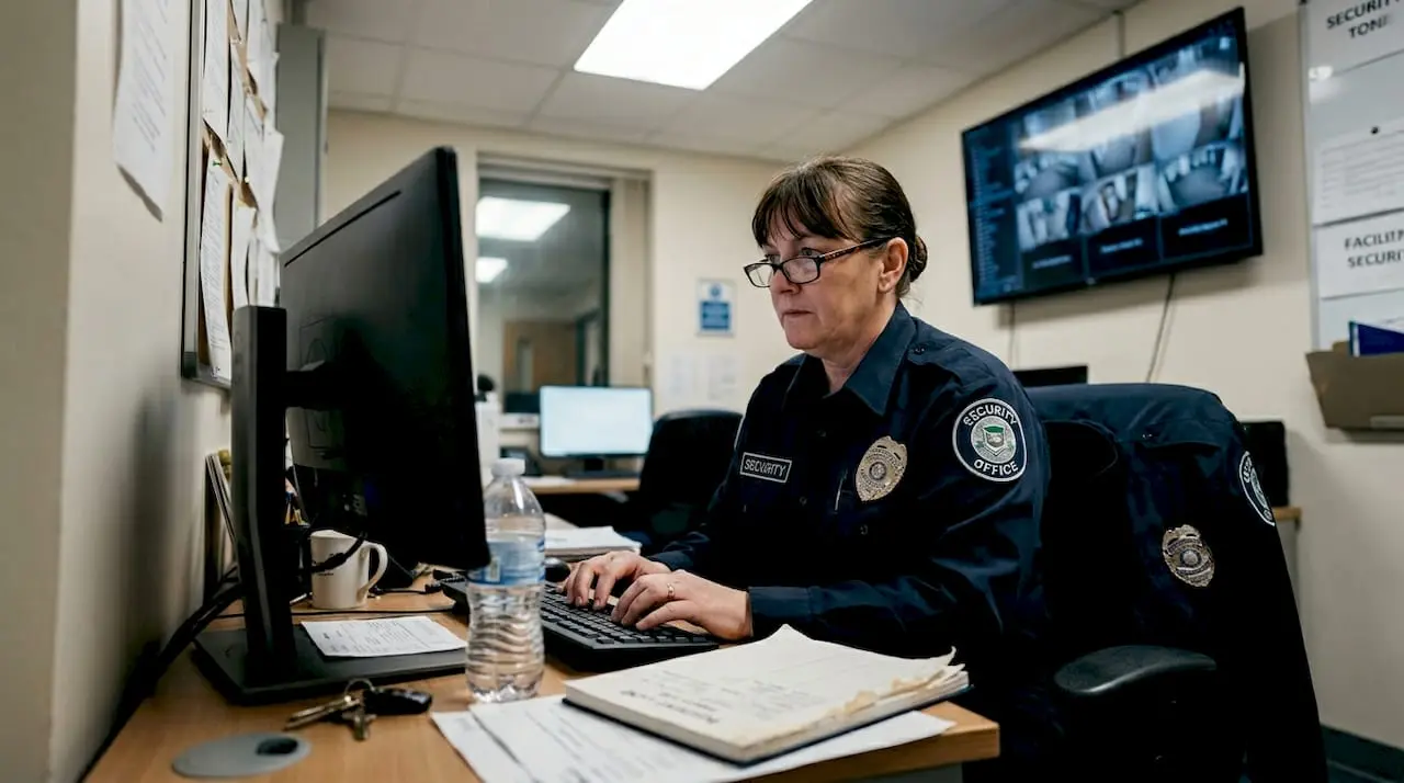 Security officer entering report at security desk