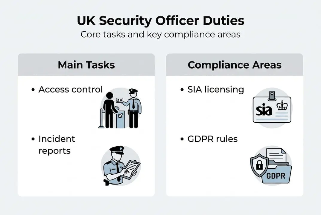 Infographic showing UK security officer duties and compliance