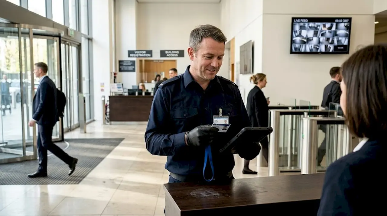 Security officer verifying ID badge in office foyer