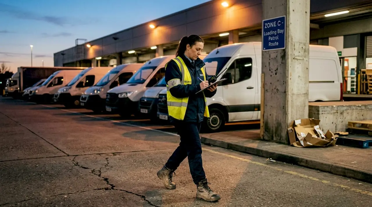 Security guard patrolling retail loading dock