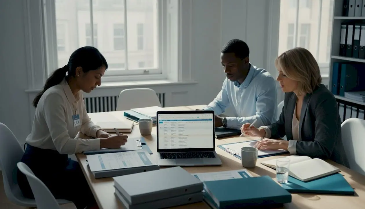 Team reviewing hiring documents in office