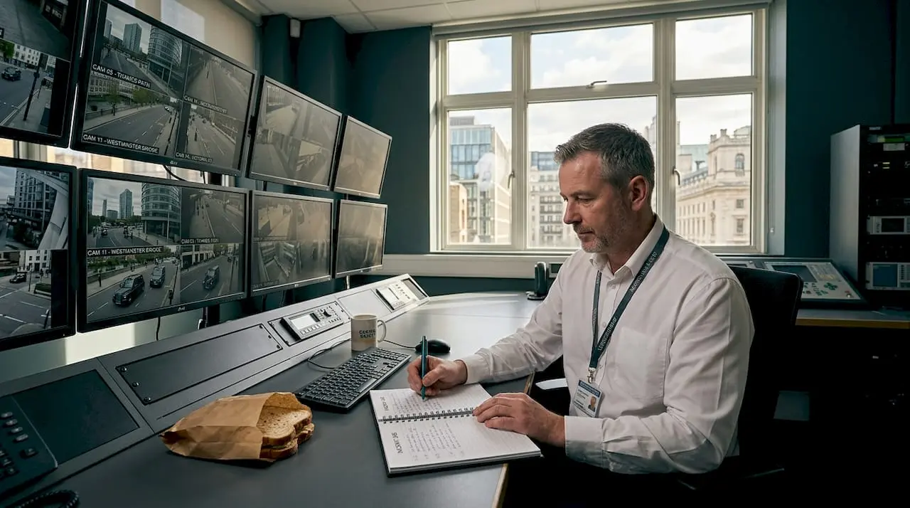 Security operator monitors CCTV screens in office