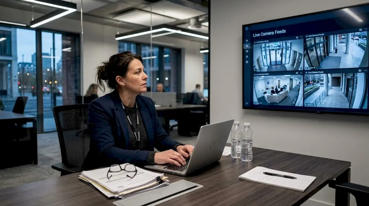 Security worker reviews tech tools in office