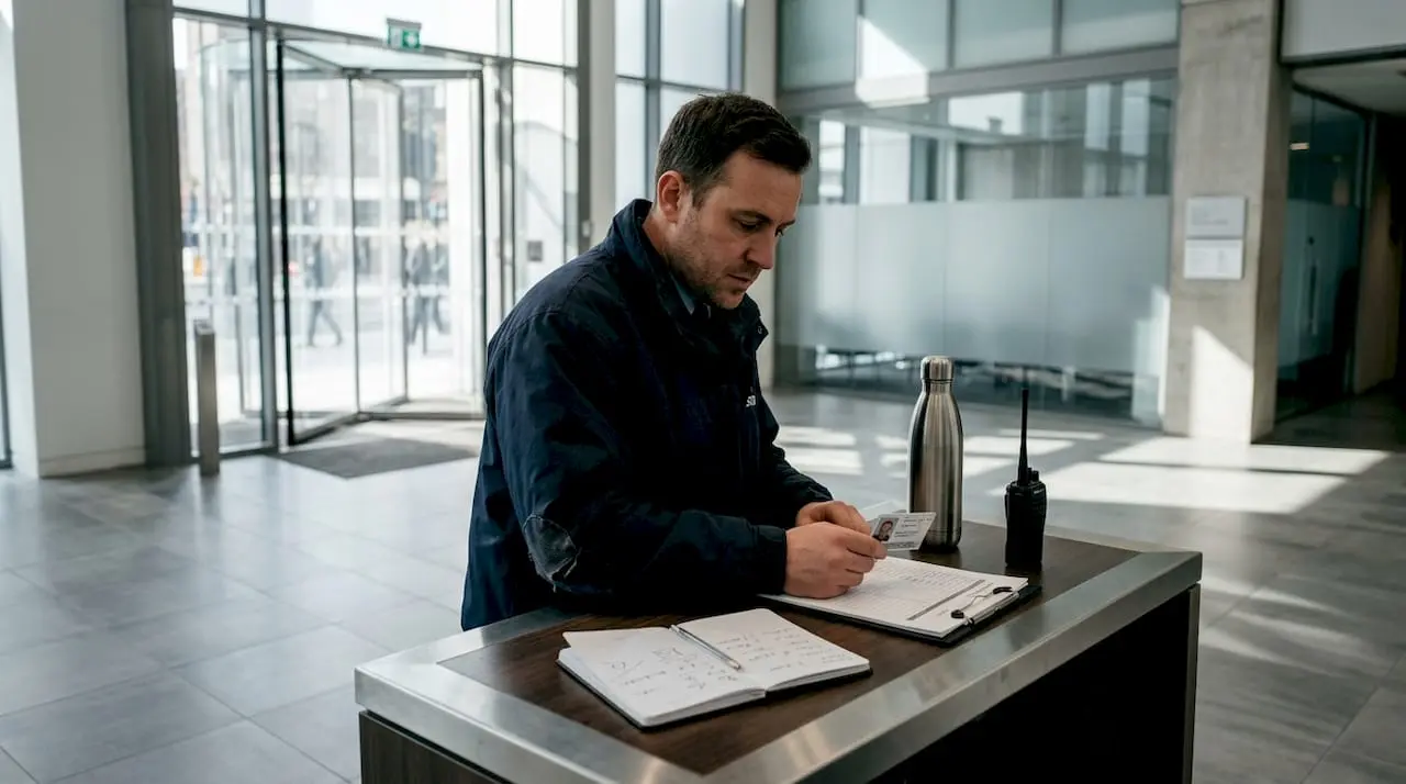 Security guard verifying ID at lobby desk