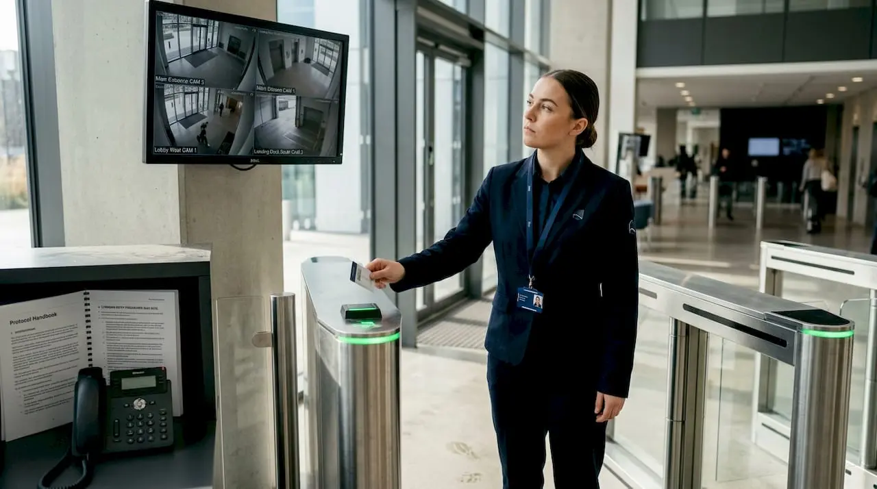 Security guard using electronic badge reader