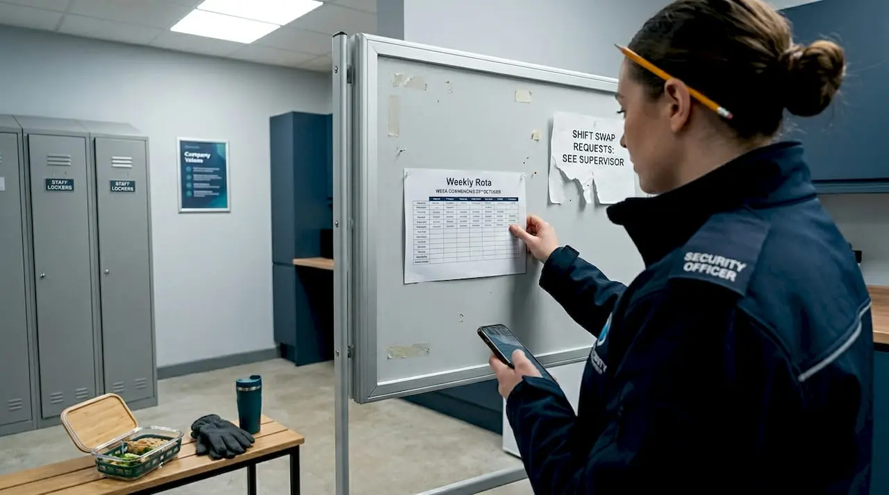 Security officer checking flexible shift rota