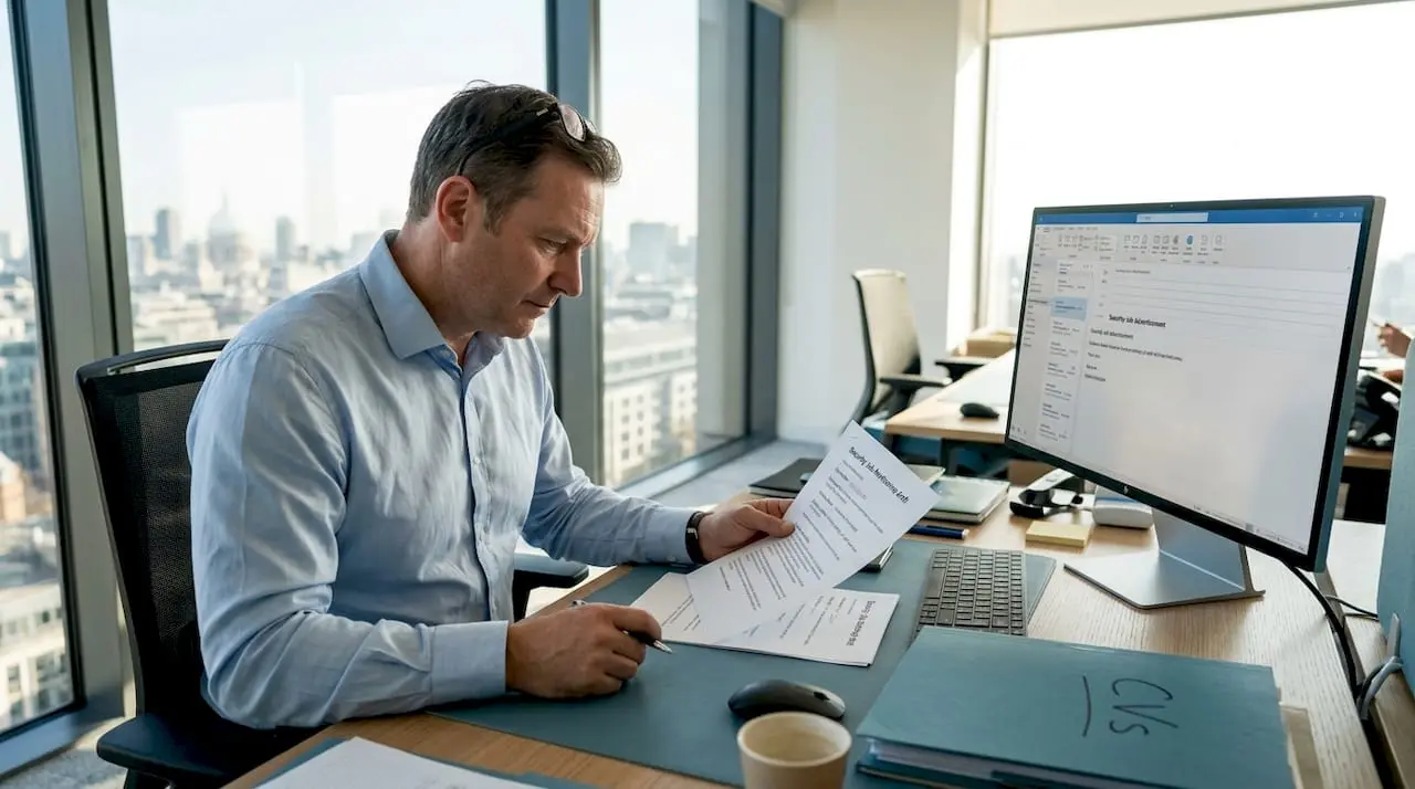 Manager reviews security job ad draft in office