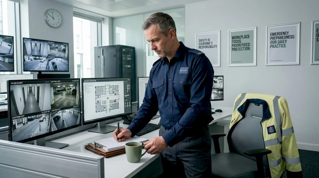 Security officer monitoring night shift feeds
