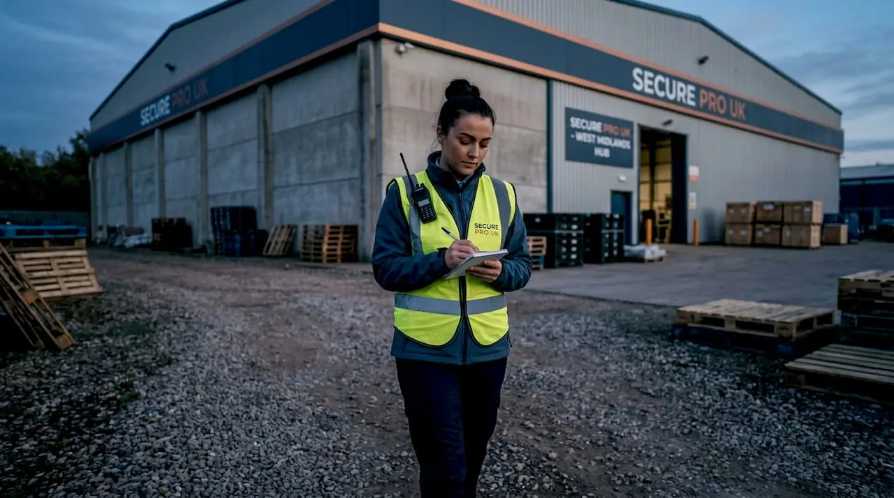 Warehouse security guard patrolling perimeter