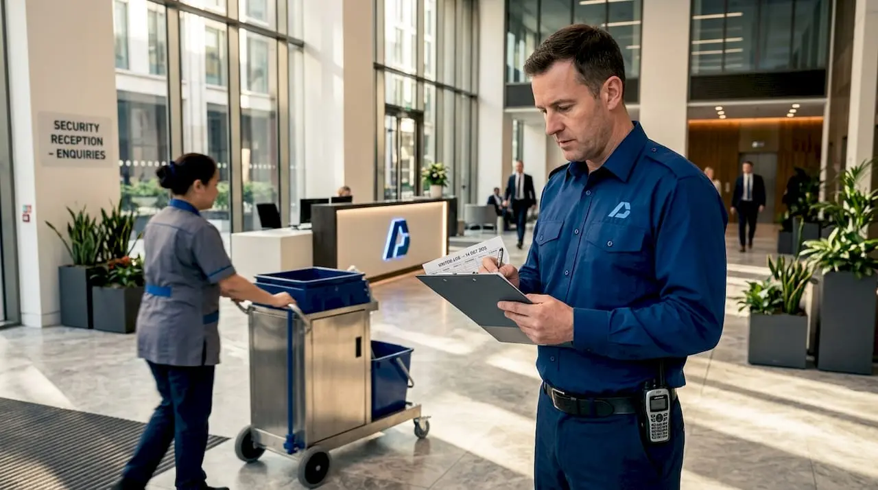 Security guard checking log in office lobby
