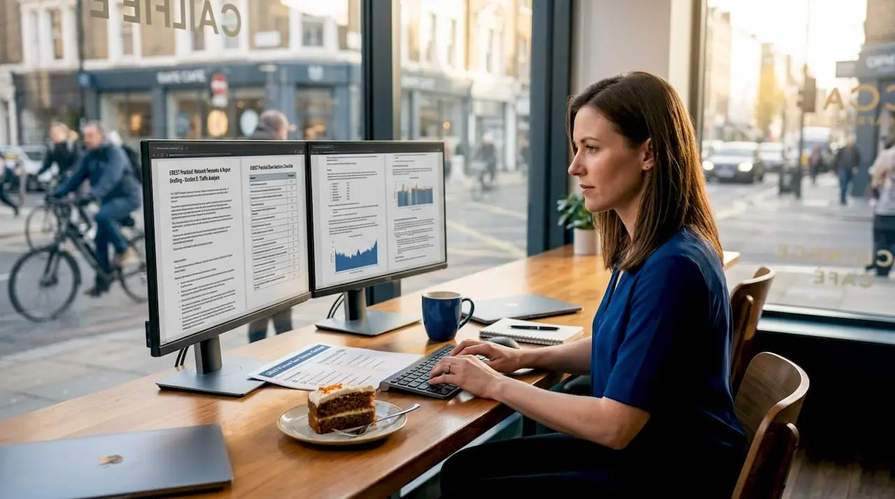 Woman taking CREST certification exam in coworking room