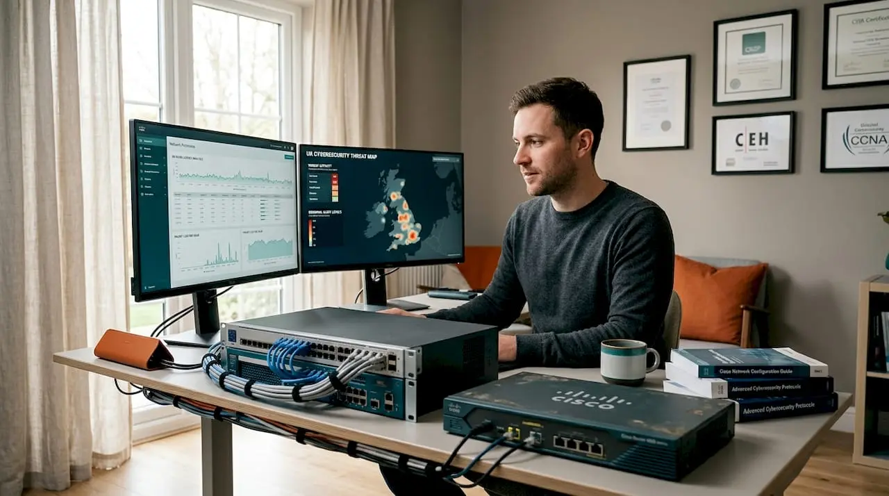 Network security engineer at desk with hardware