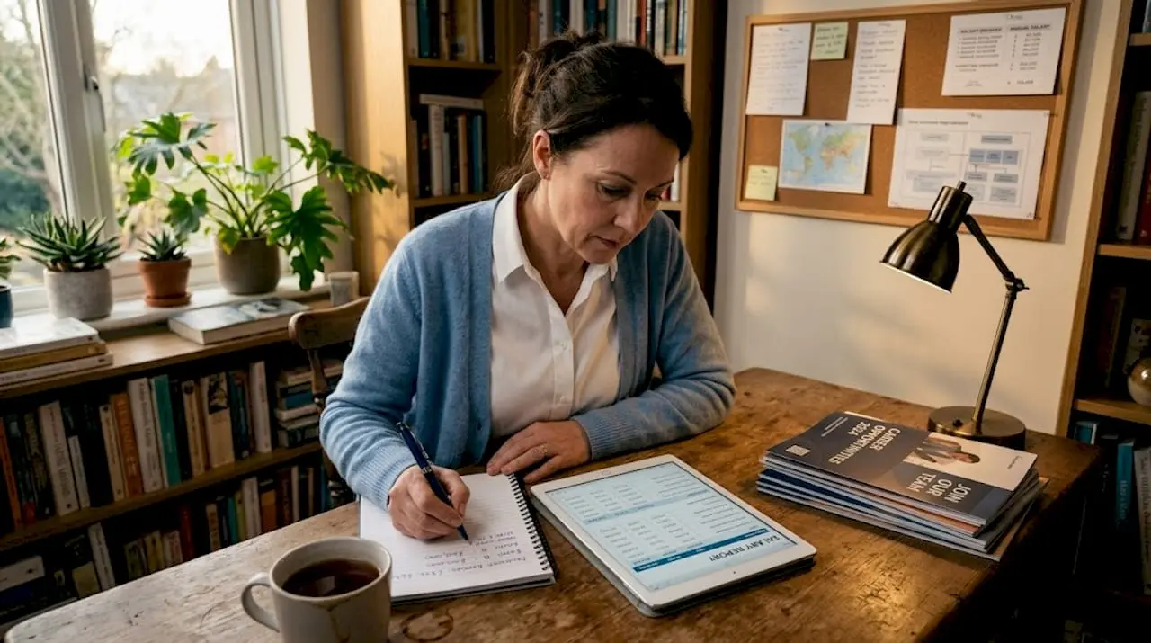 Checking cyber security salary data at kitchen table