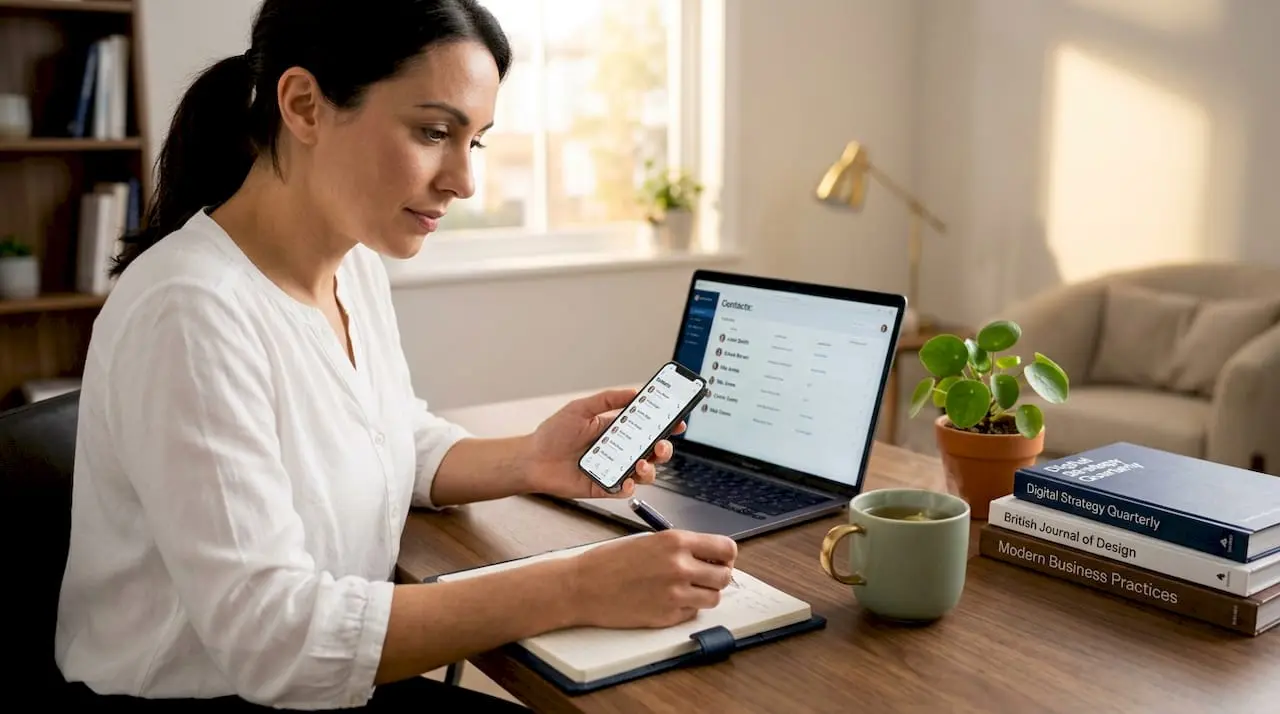 Professional reviews networking contacts at kitchen table