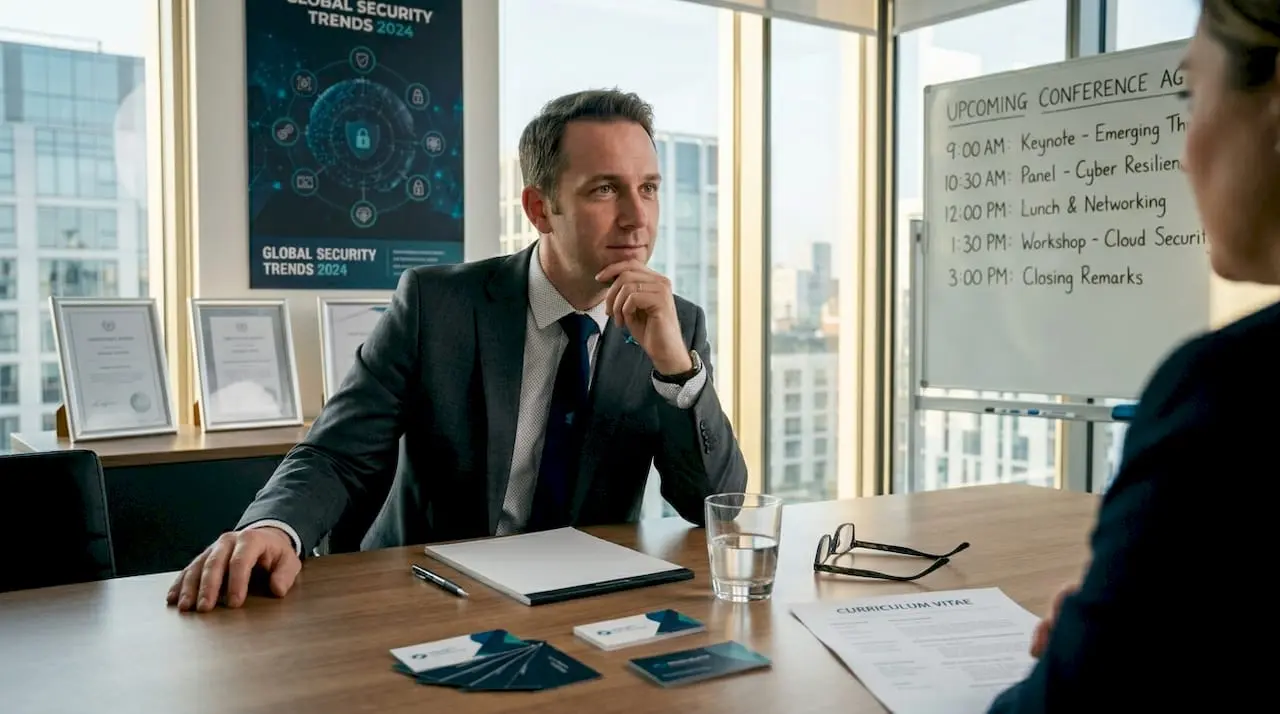 Security professionals networking in office meeting room