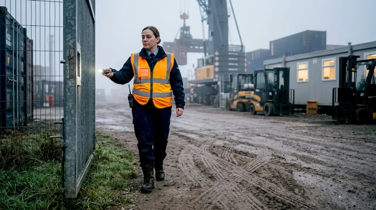 Security guard patrolling busy construction site