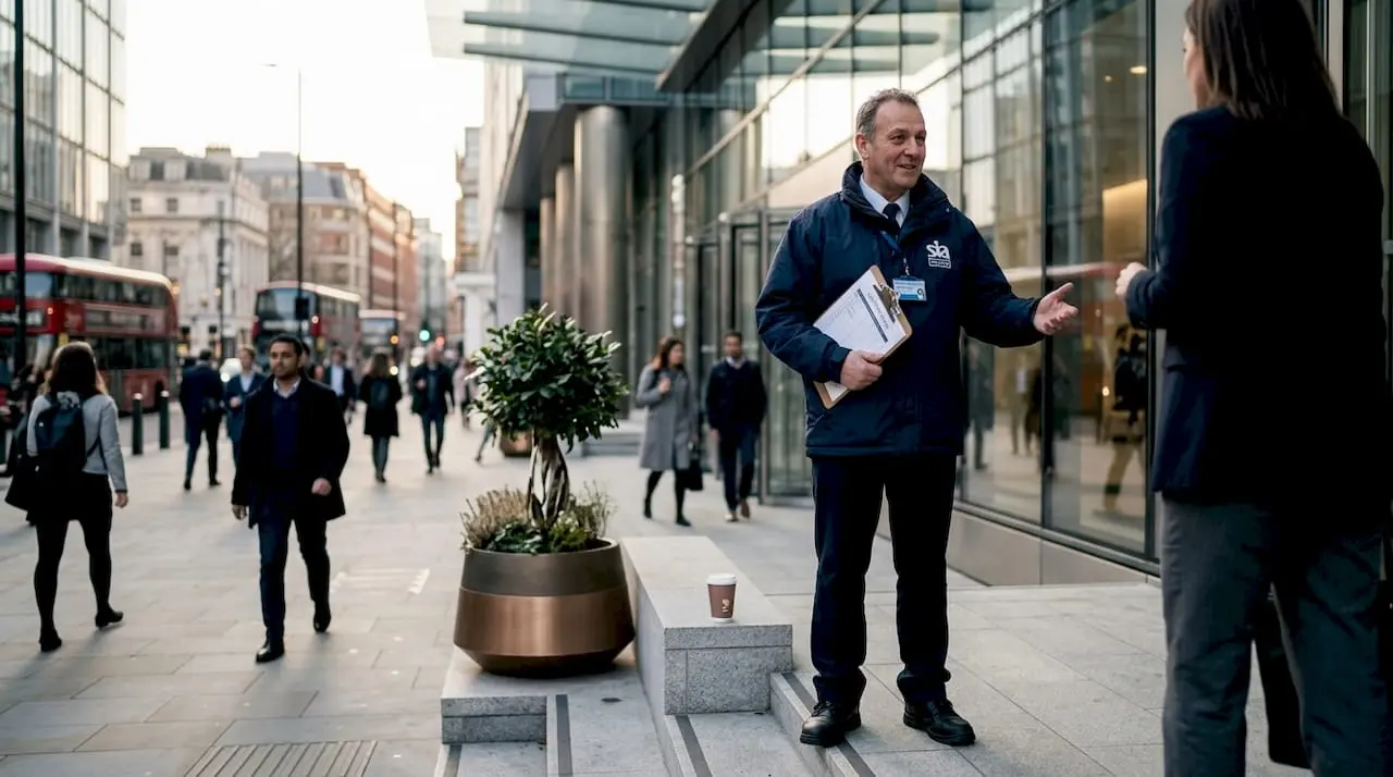 Security guard greeting visitor at office entryway