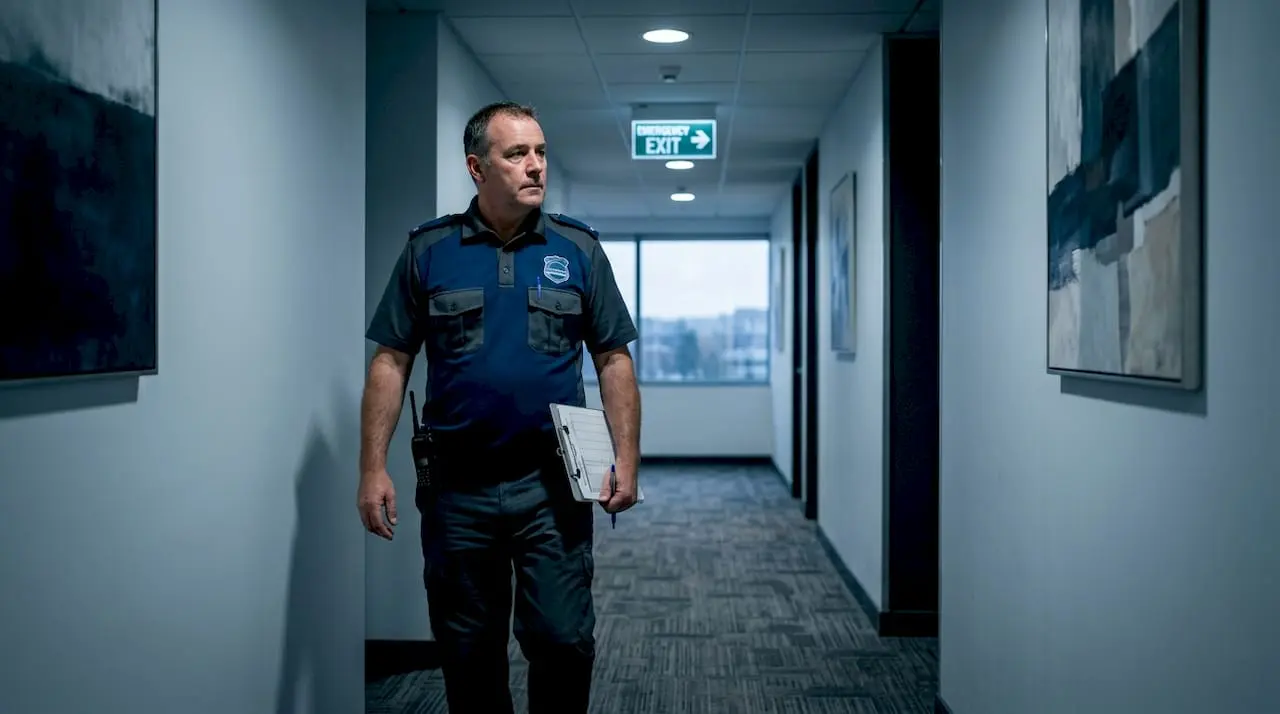Security guard patrolling UK office corridor