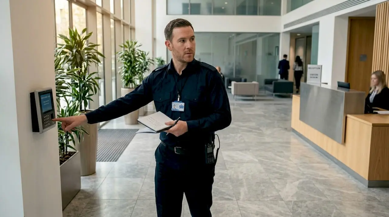 Security officer patrolling corporate office lobby