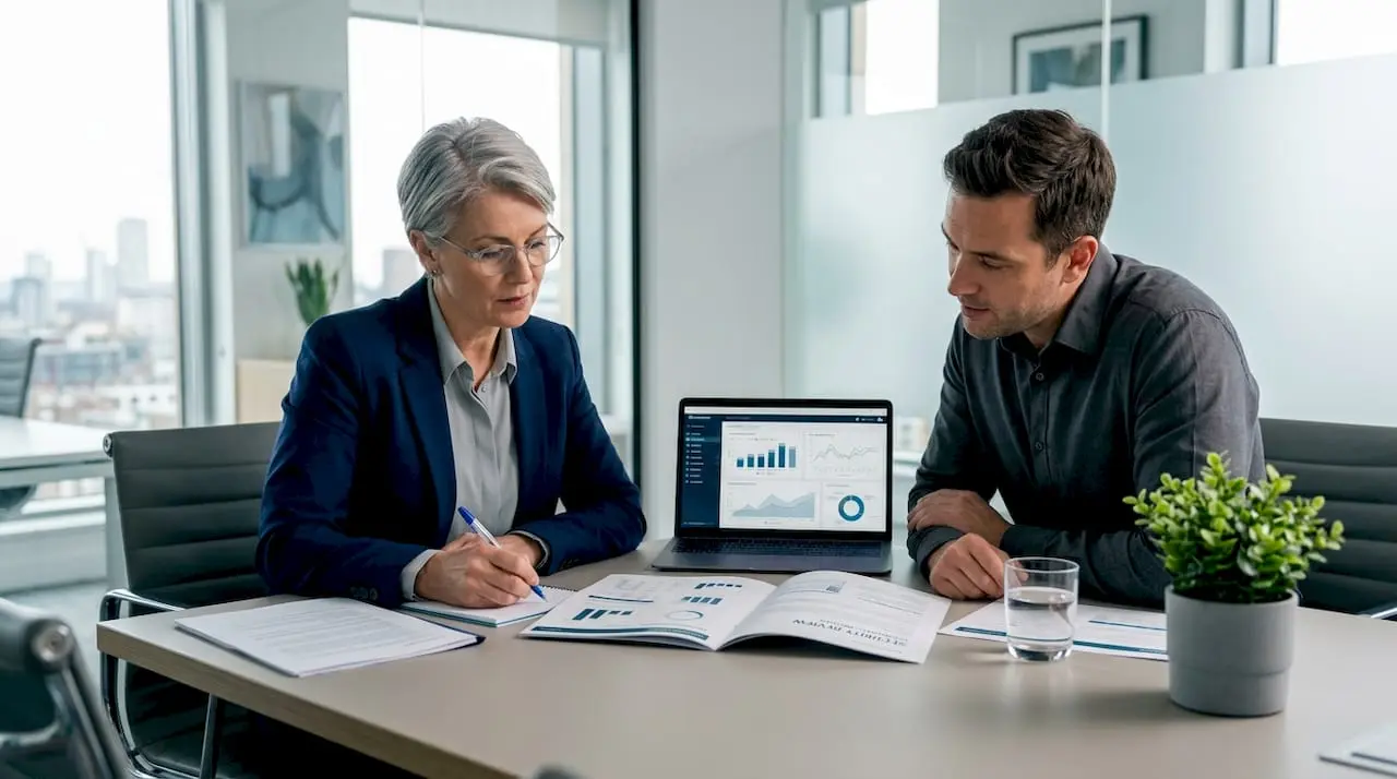 Security consultant and business owner discussing report