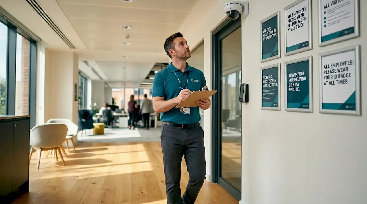 Facility manager reviews office entry security