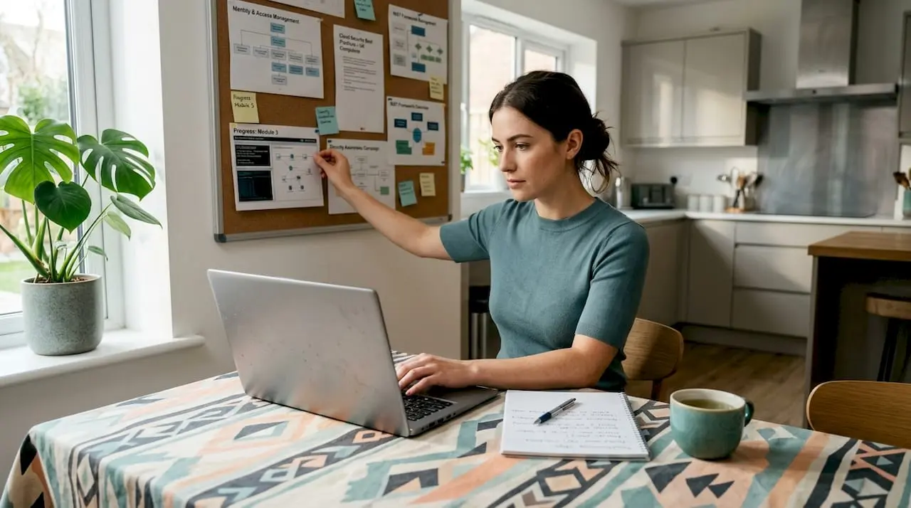 Woman studying cyber security labs at home