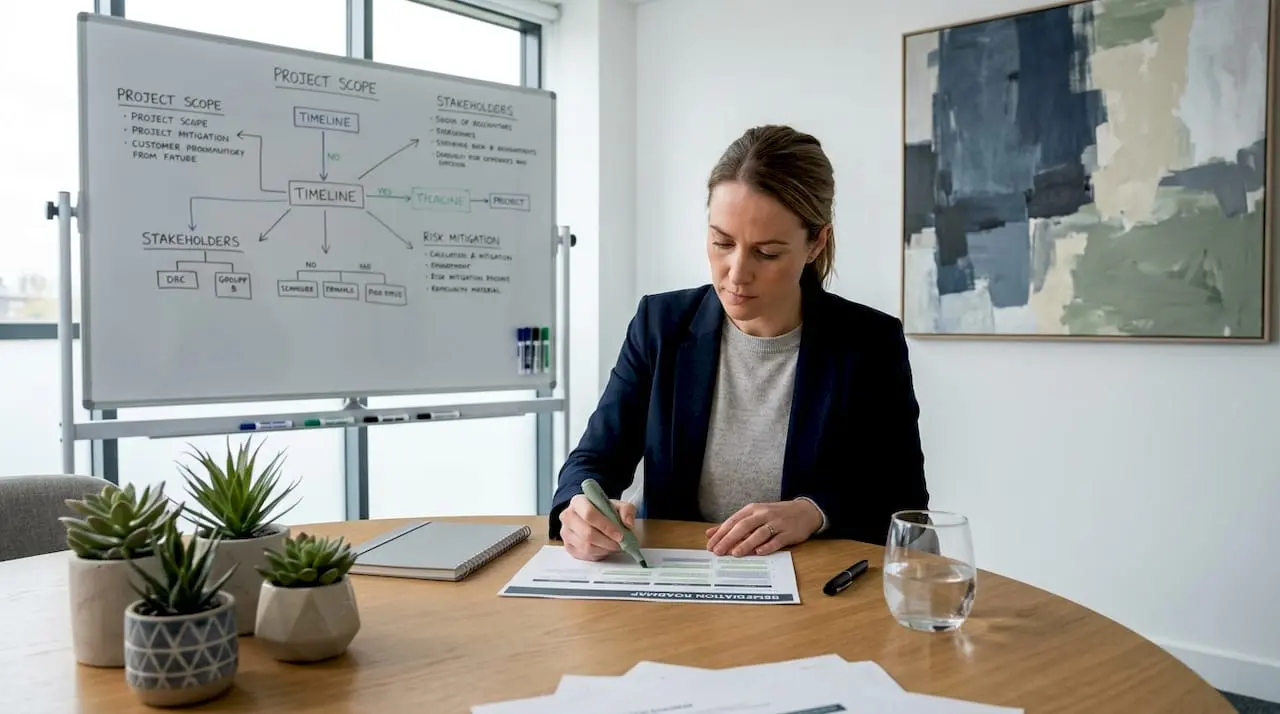 Manager highlighting security action plan in office