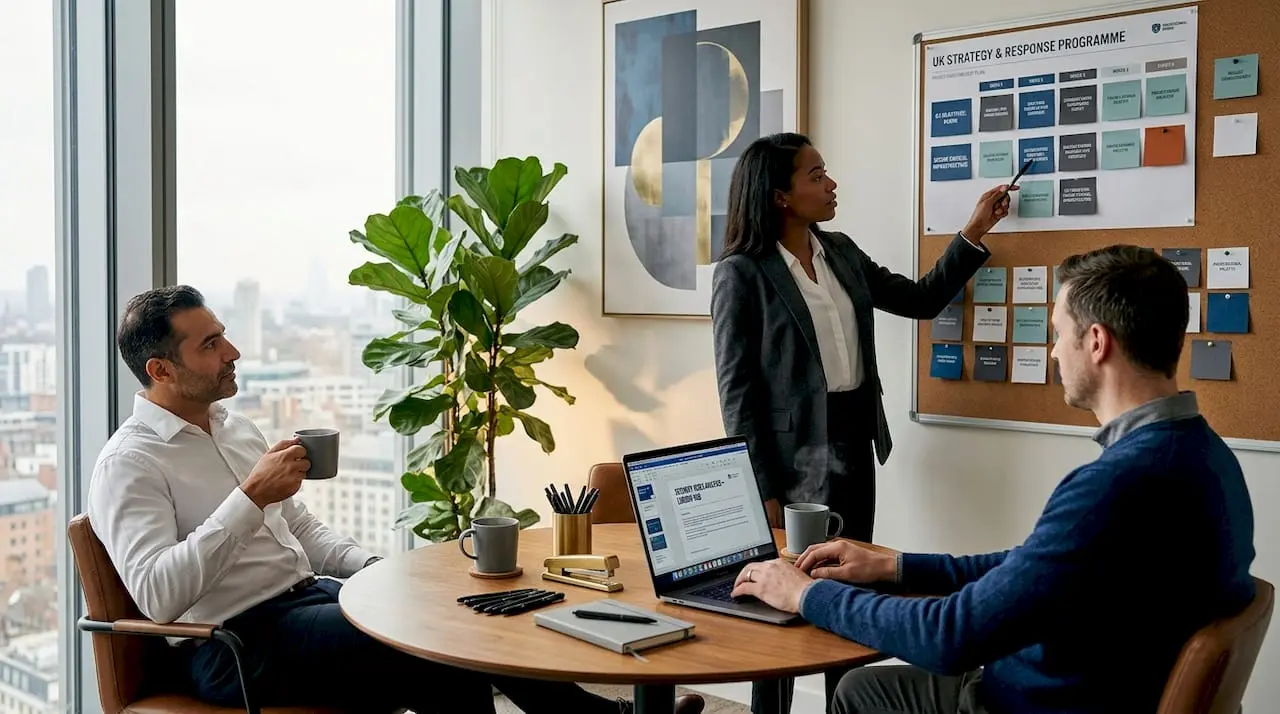 Security consultants collaborating in modern office