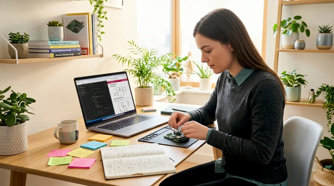 Person assembling home lab at living room desk