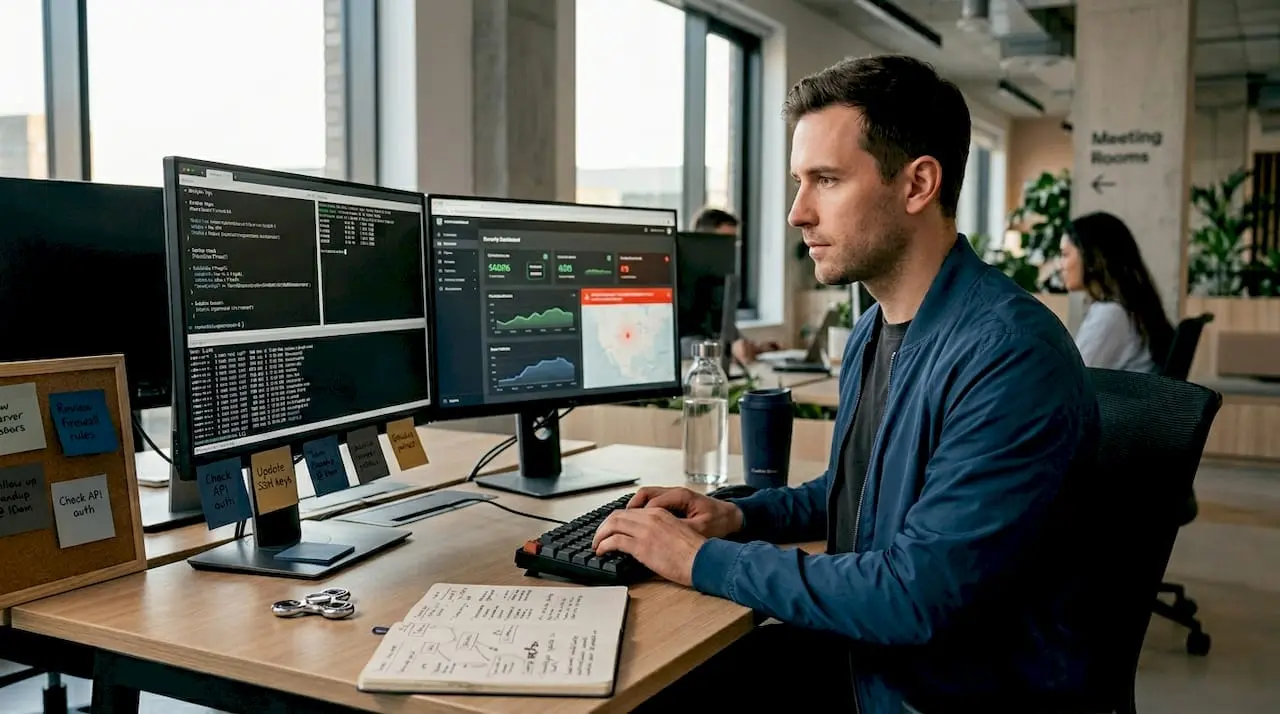 Security engineer at cluttered dual-monitor desk