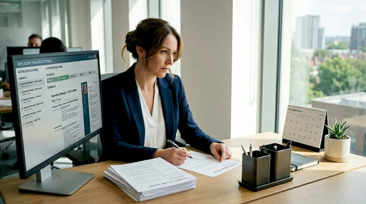 HR manager reviewing resumes in corner office