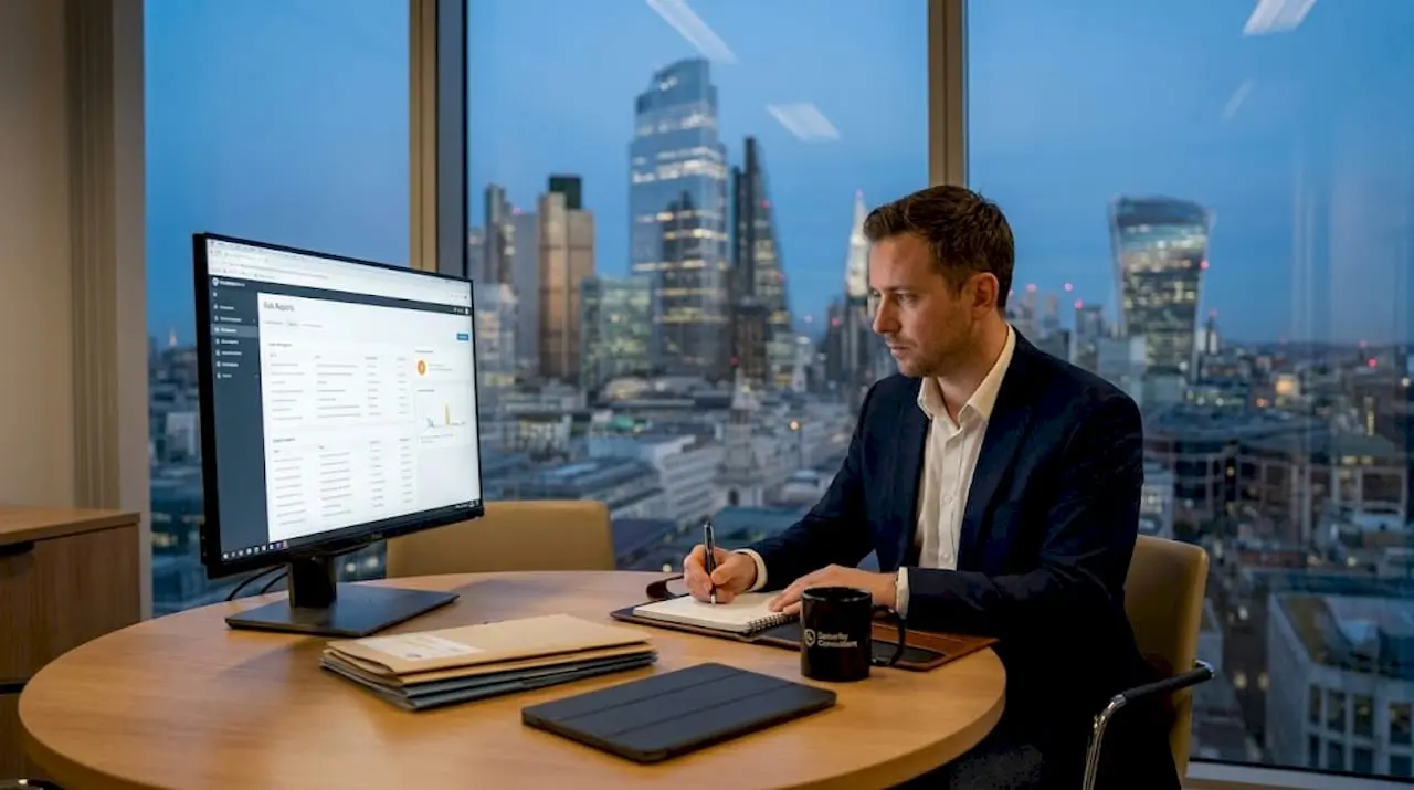 Security consultant reviewing reports in corner office