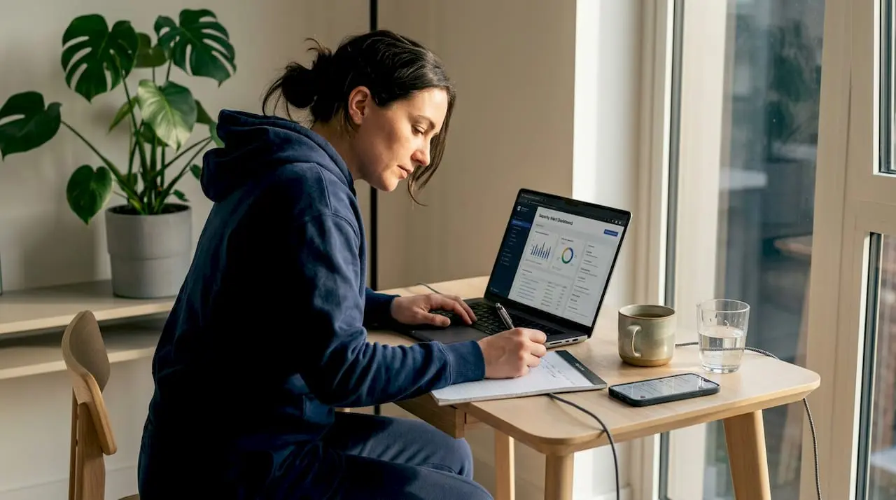 Remote cybersecurity analyst working from kitchen desk