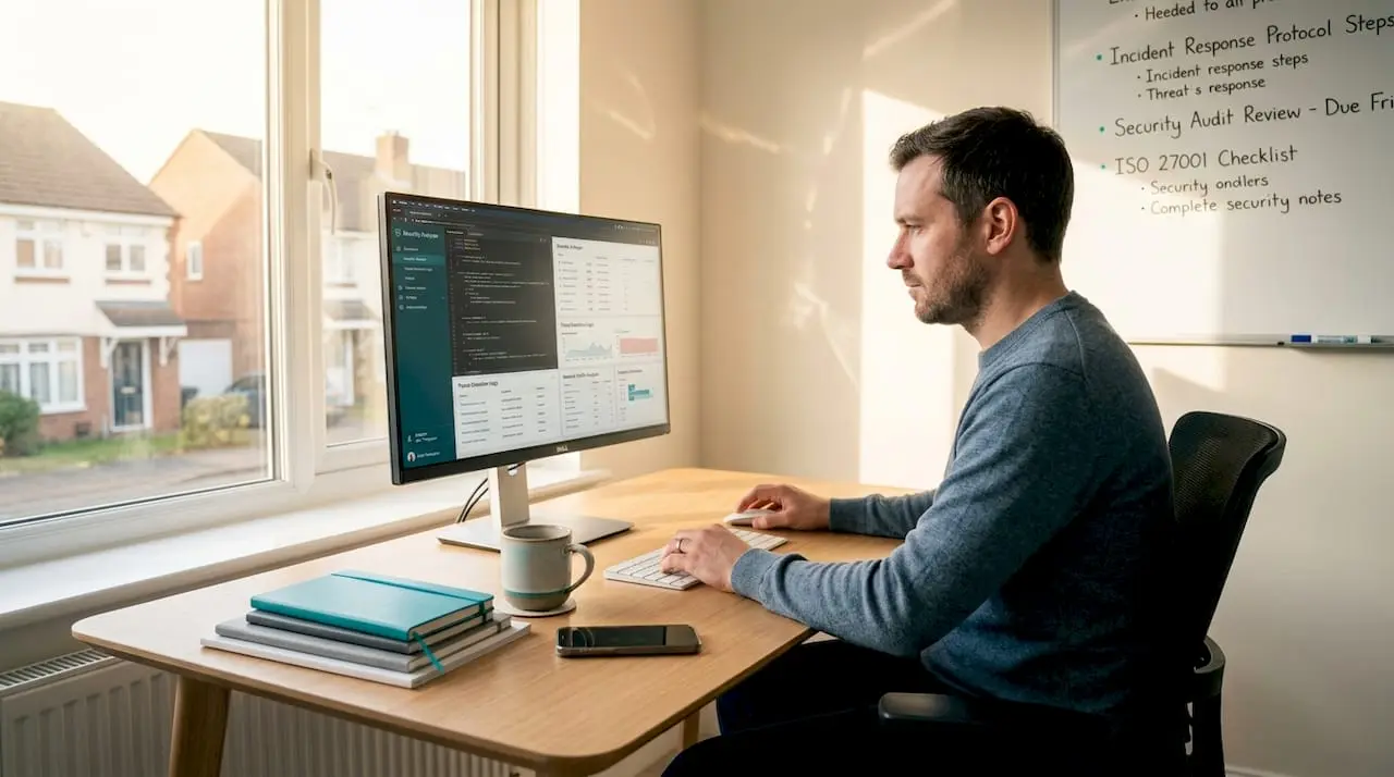 Remote security analyst working at home office desk