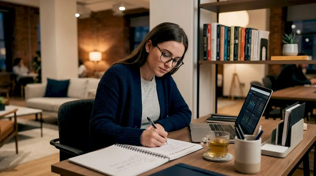 Woman writing notes practicing soft skills