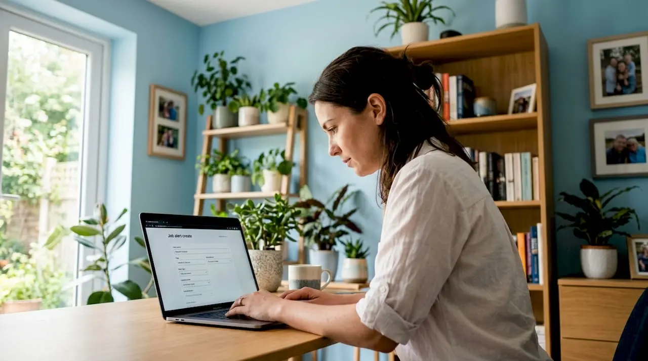 Woman setting job alert on laptop at home office